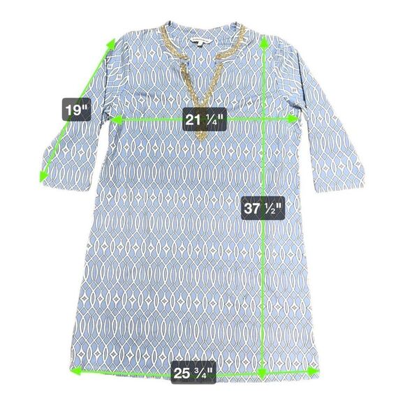 Sunsets & Sweet Tea Womens Blue & White Gold Geometric Tunic Dress Midi Summer - Picture 3 of 4